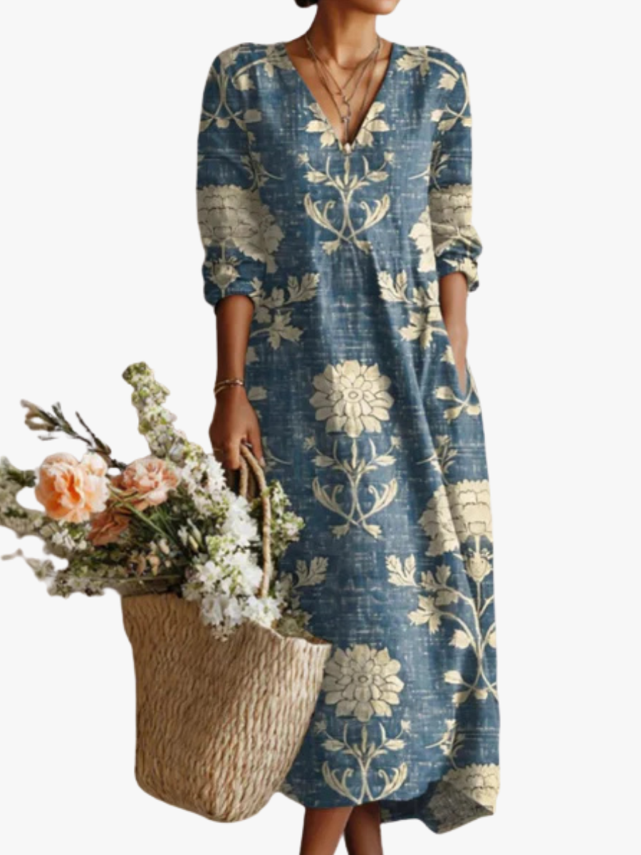 VINTAGE MIDI DRESS MADE OF LINEN WITH FLORAL PATTERN FOR WOMEN