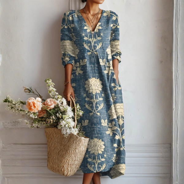 VINTAGE MIDI DRESS MADE OF LINEN WITH FLORAL PATTERN FOR WOMEN