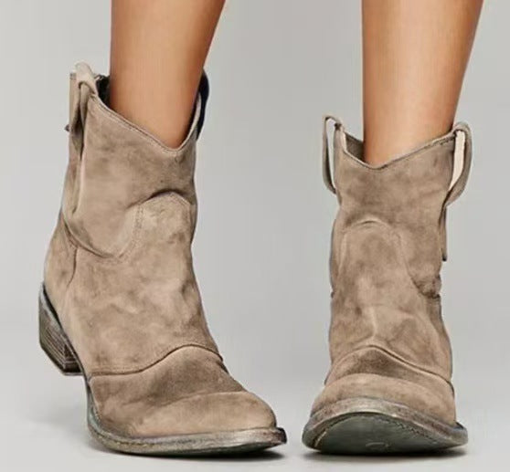 CLASSIC SUEDE BOOTS BLOCK HEELS WESTERN STYLE FOR WOMEN