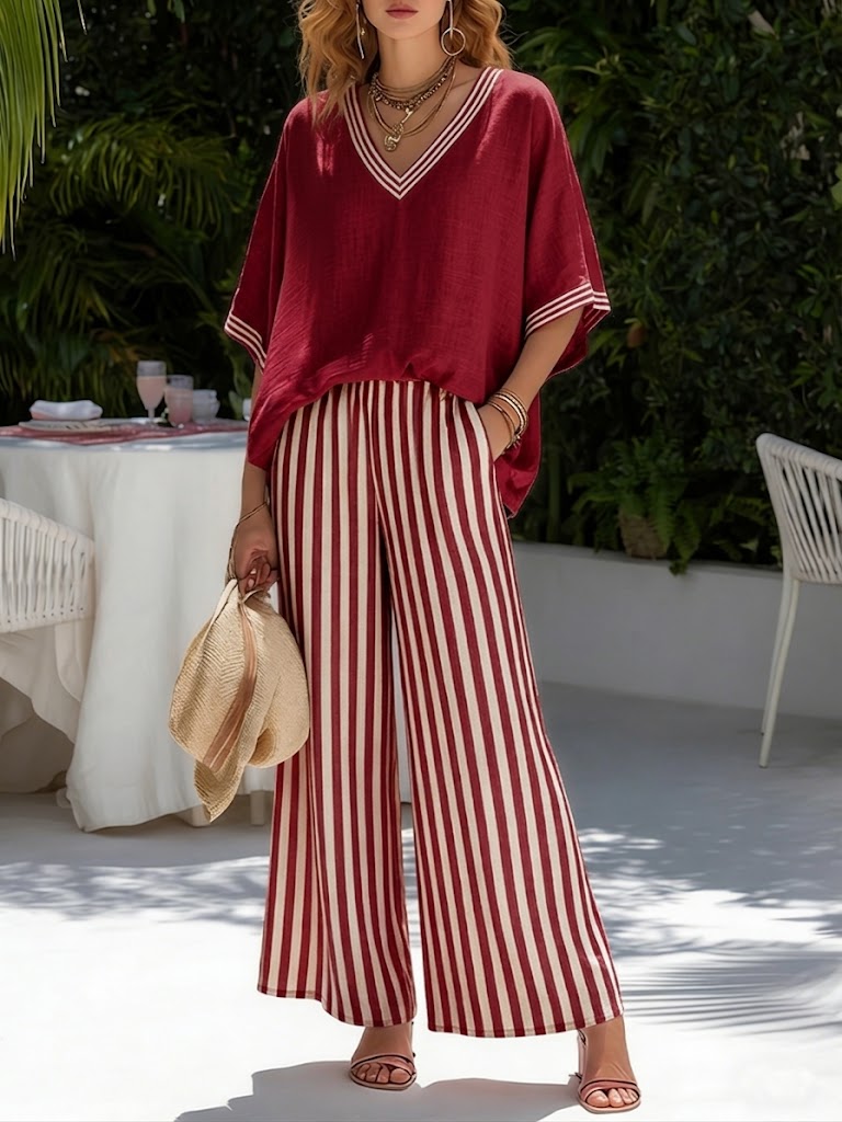 TWO-PIECE SET WITH V-NECK TOP AND WIDE PANTS FOR WOMEN