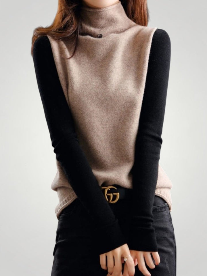 Kreszentia | Retro pulover z visokim ovratnikom in barvnim blokovnim dizajnom za elegantne trenutke