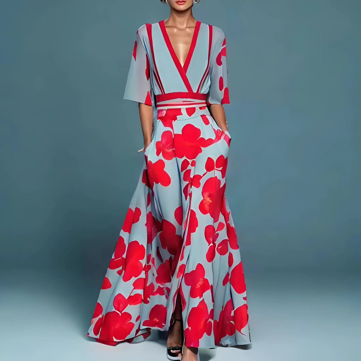 FLOWER DRESS WITH V-NECK FOR WOMEN